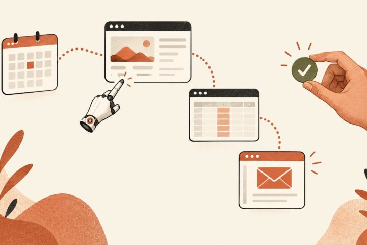 AI agent cursor moving between calendar, browser, spreadsheet and email windows with human approval