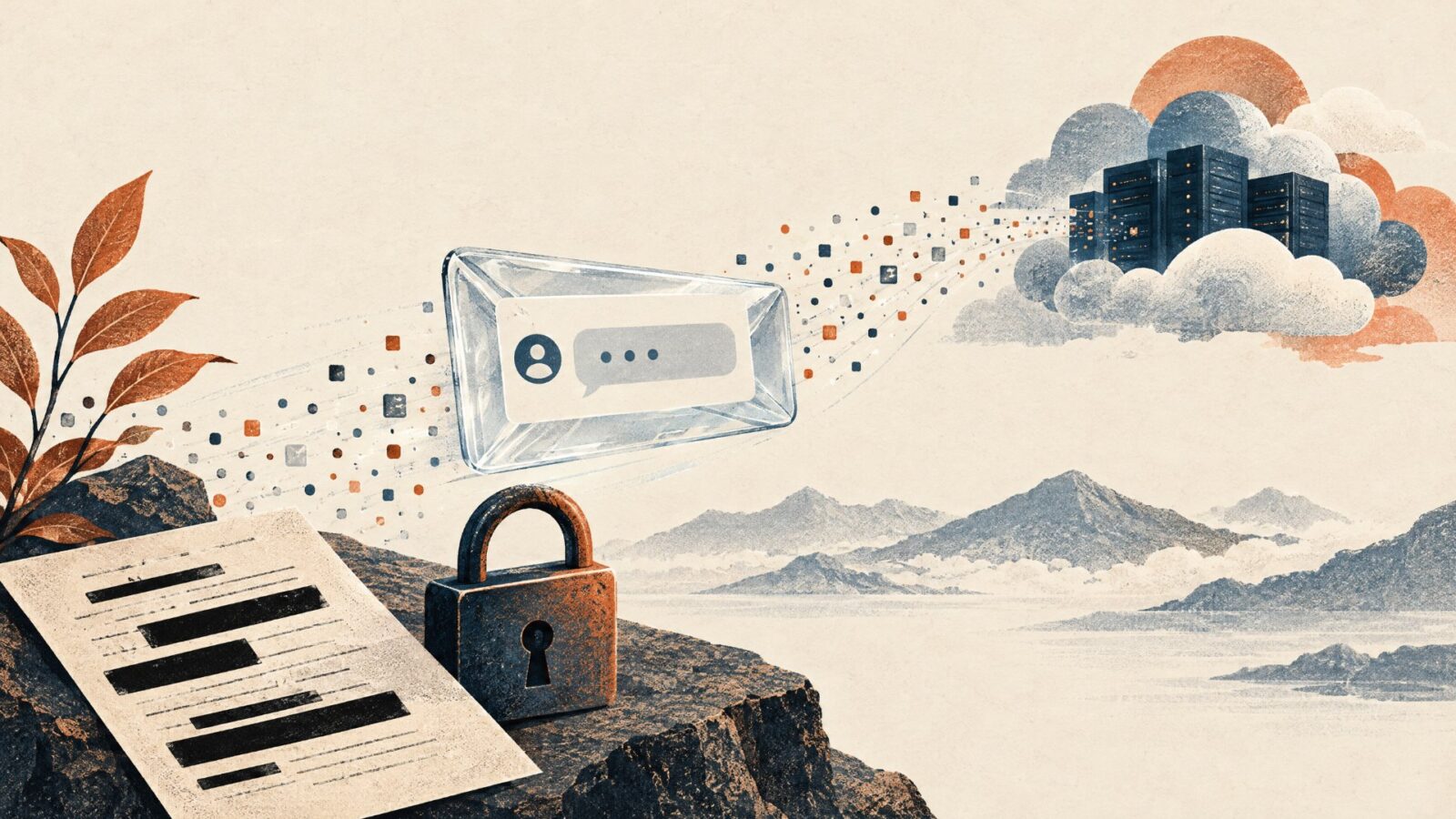 Chat message traveling to cloud servers with a padlock and redacted document, illustrating AI privacy