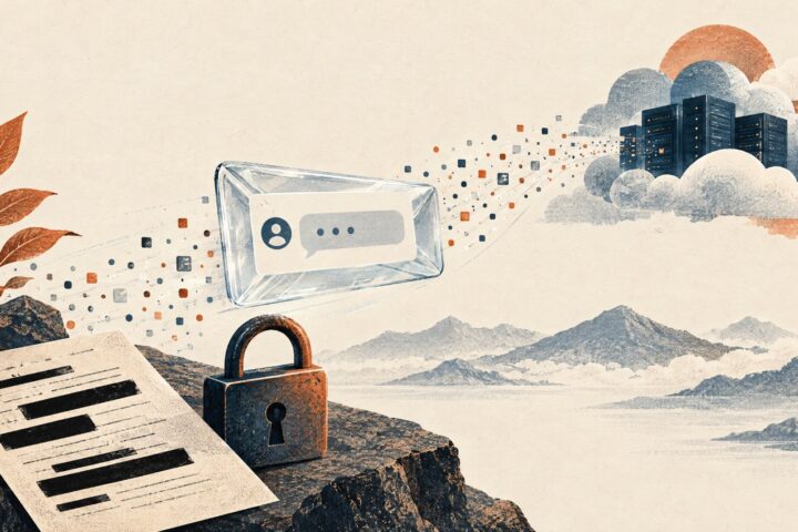 Chat message traveling to cloud servers with a padlock and redacted document, illustrating AI privacy