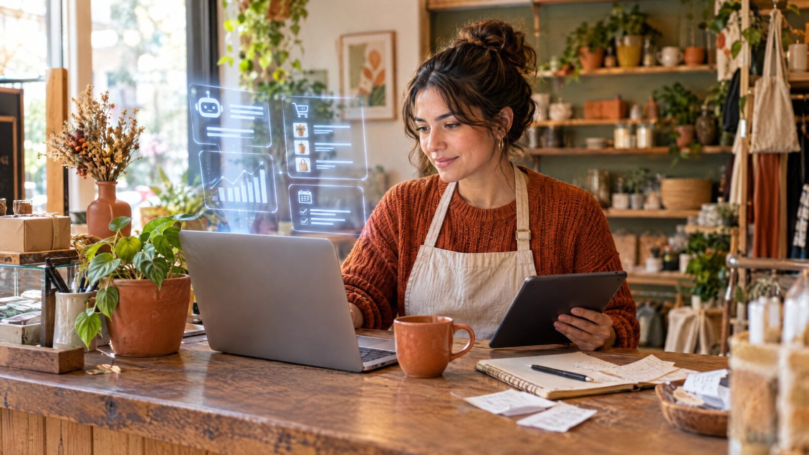 Small shop owner working with a laptop and tablet at a cozy counter