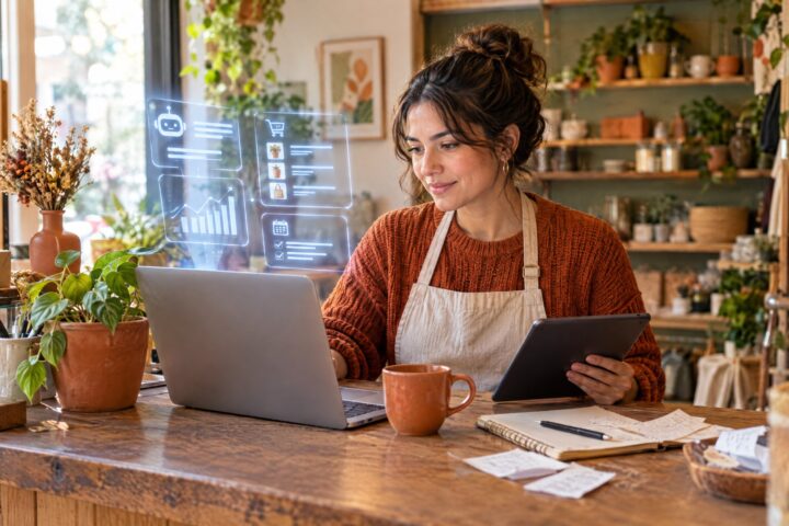Small shop owner working with a laptop and tablet at a cozy counter