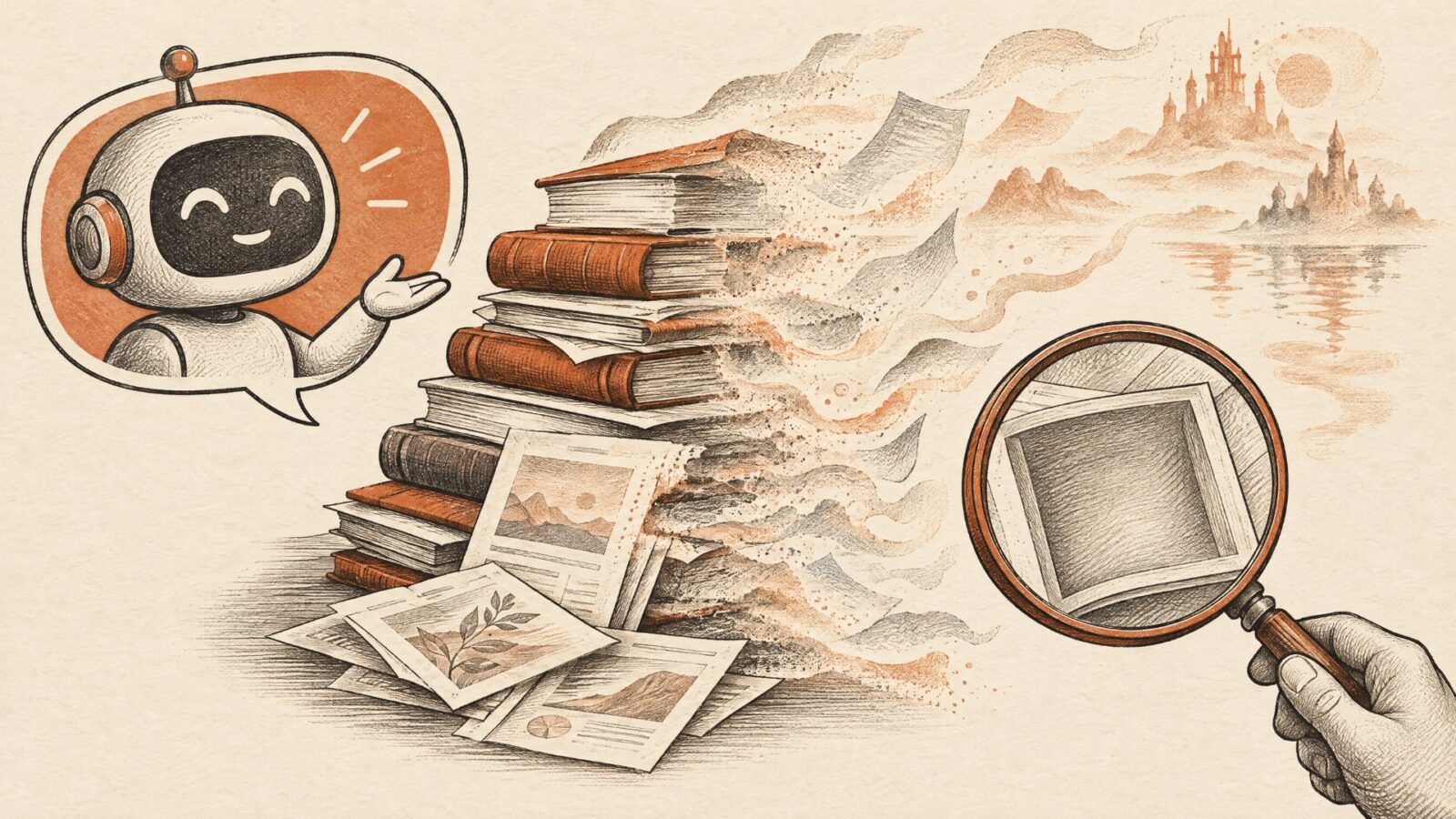 Chatbot presenting documents that dissolve into mist under a magnifying glass, illustrating AI hallucinations