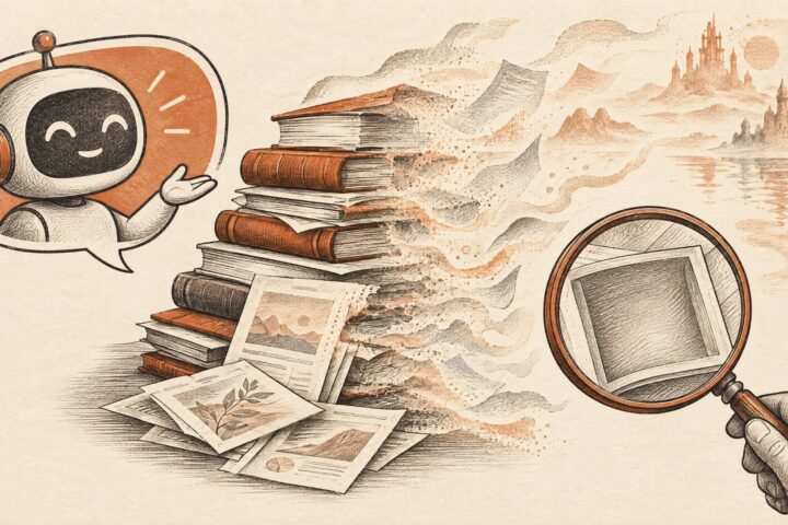 Chatbot presenting documents that dissolve into mist under a magnifying glass, illustrating AI hallucinations