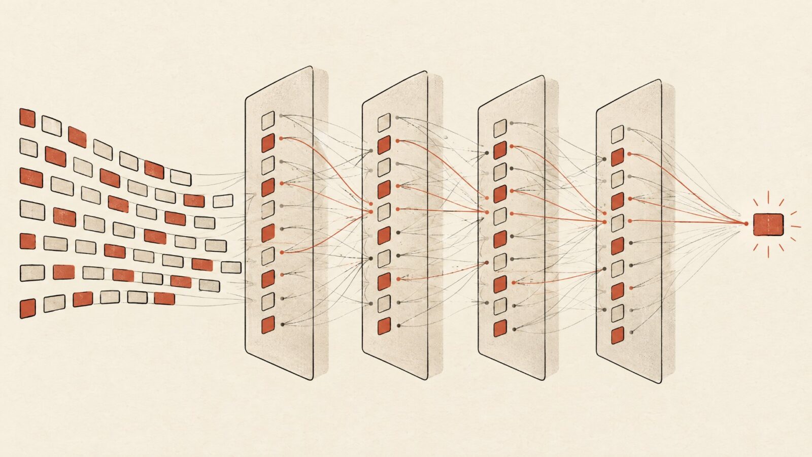 Tokens flowing through stacked transformer layers to predict the next token