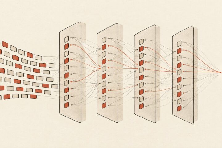 Tokens flowing through stacked transformer layers to predict the next token