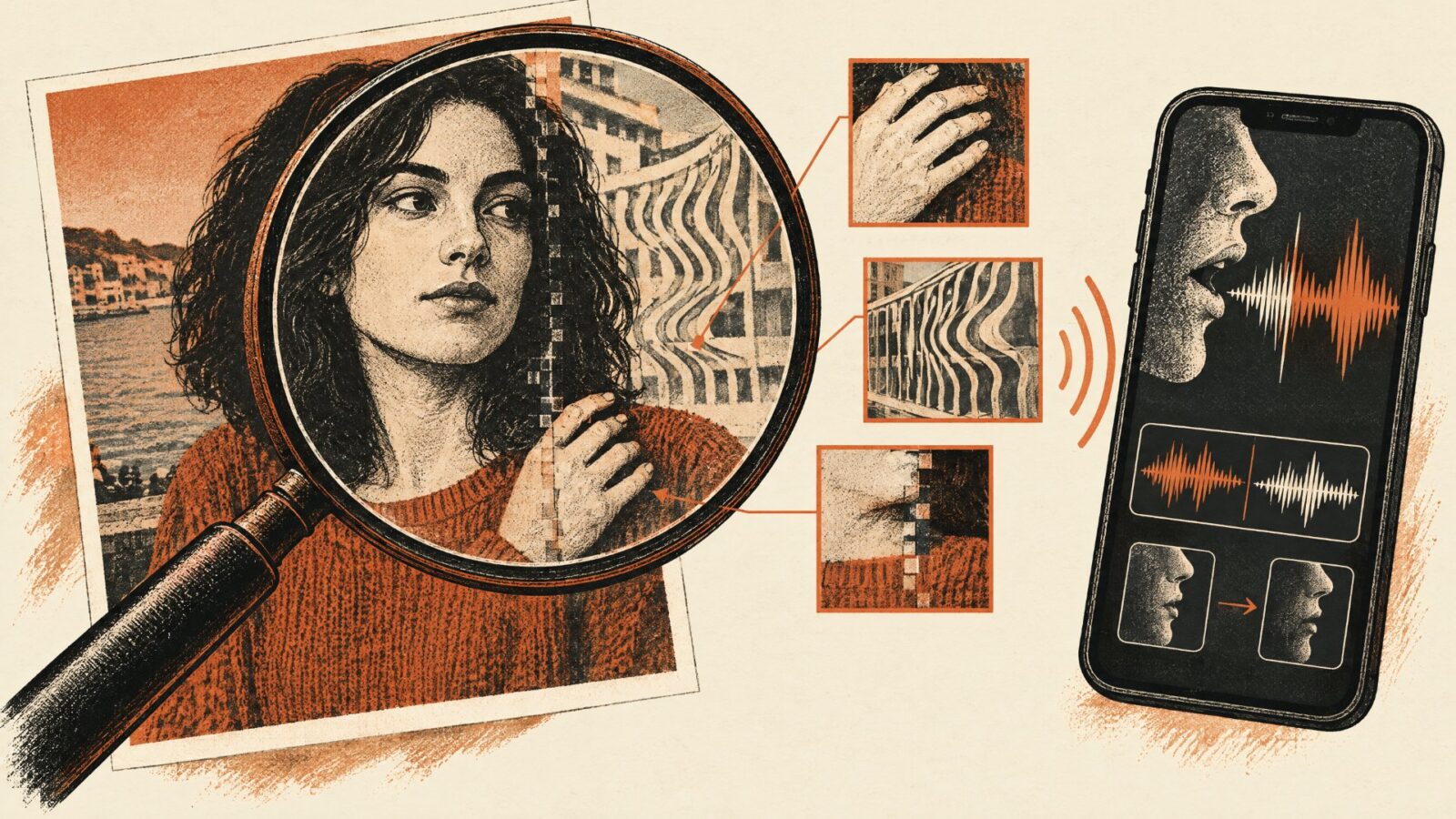Magnifying glass revealing glitches in an AI-generated portrait next to a cloned voice waveform