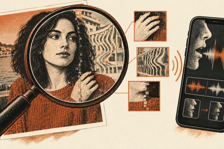 Magnifying glass revealing glitches in an AI-generated portrait next to a cloned voice waveform