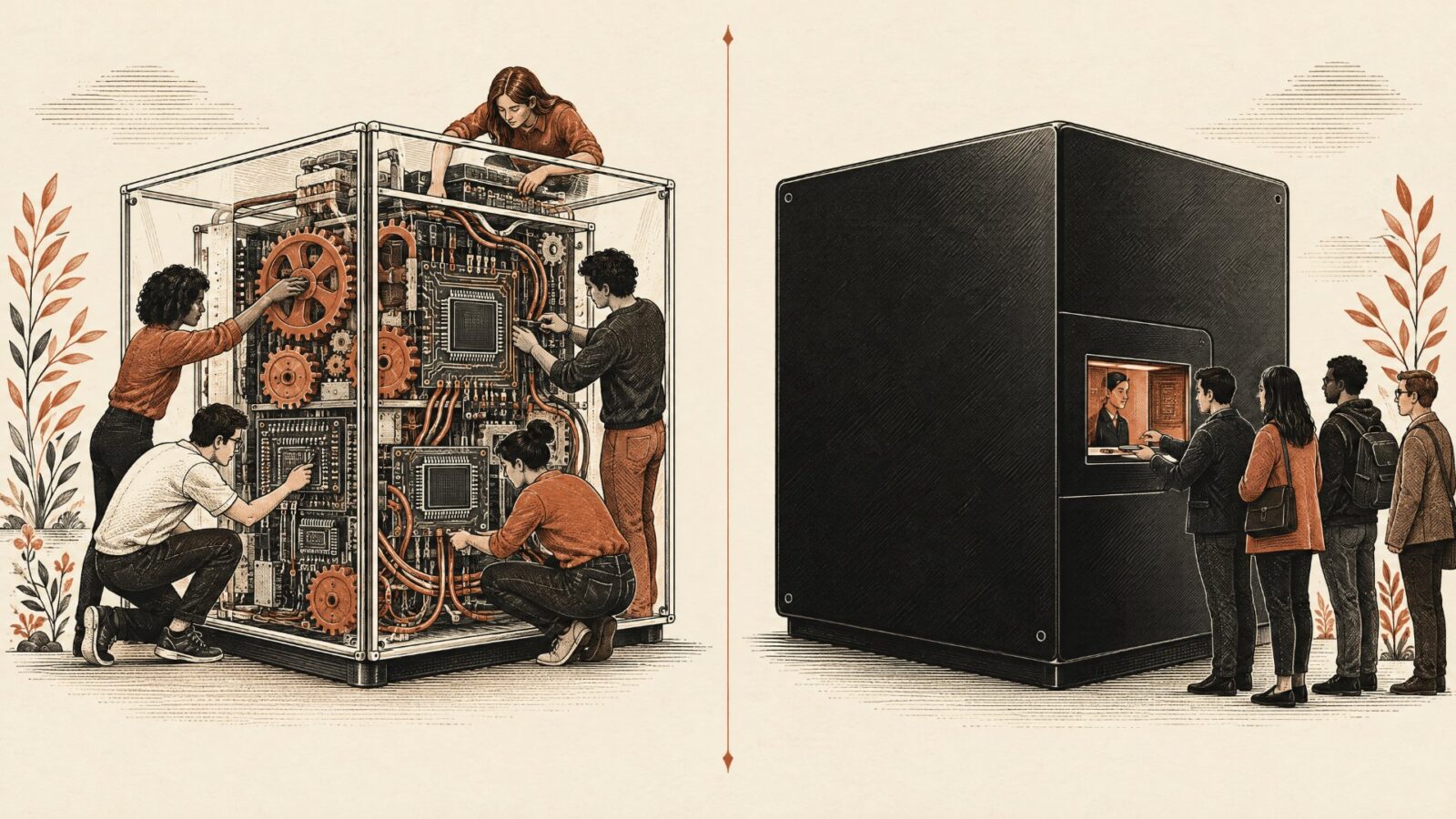 Open glass box with visible gears beside a sealed black box, comparing open and closed AI models