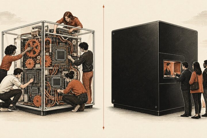 Open glass box with visible gears beside a sealed black box, comparing open and closed AI models