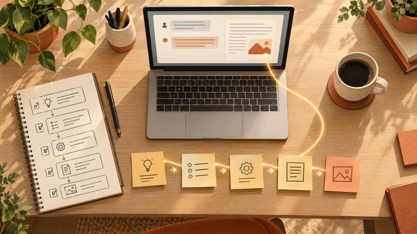 Desk with laptop, checklist notebook and sticky notes illustrating structured AI prompts