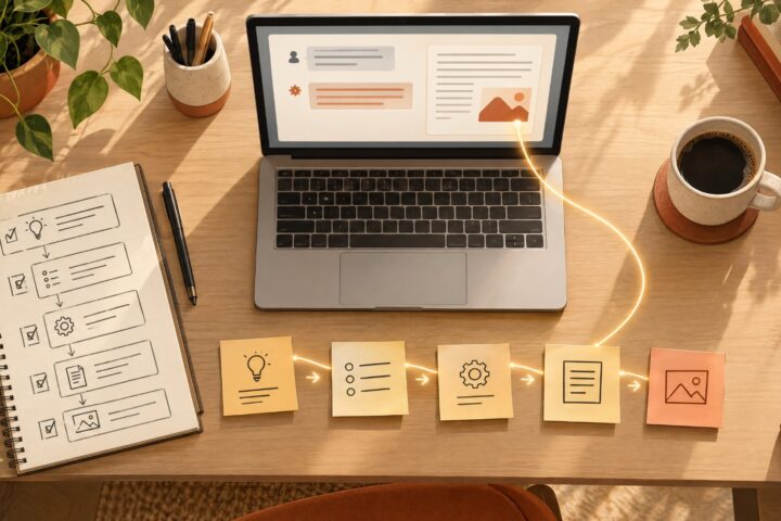 Desk with laptop, checklist notebook and sticky notes illustrating structured AI prompts