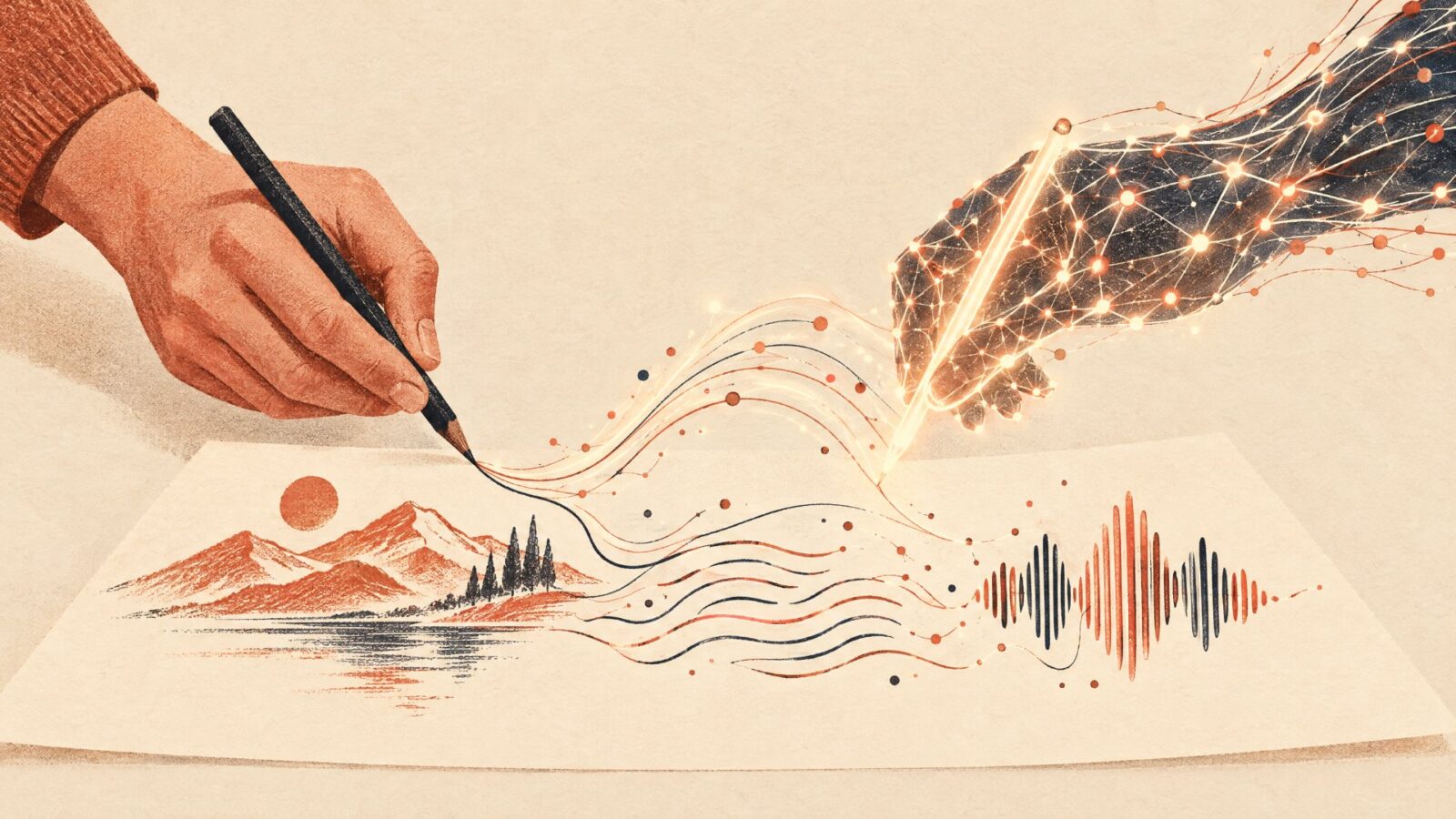 Illustration of a human hand and a neural network sketching new shapes, representing generative AI