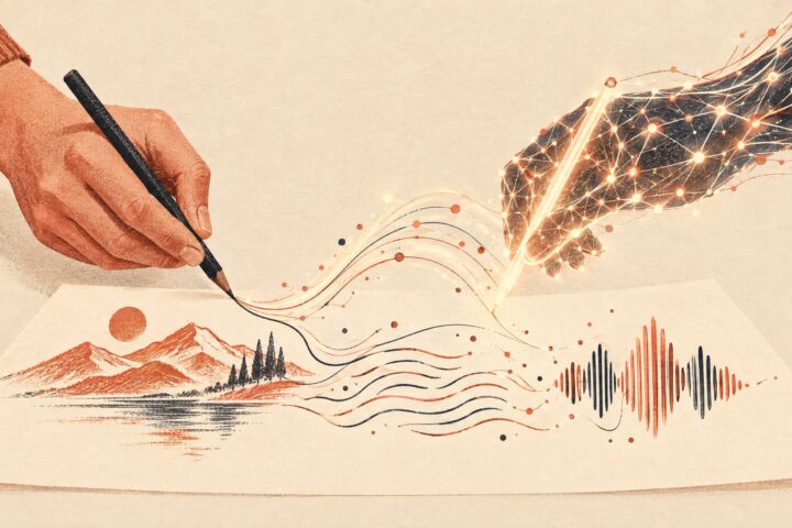 Illustration of a human hand and a neural network sketching new shapes, representing generative AI