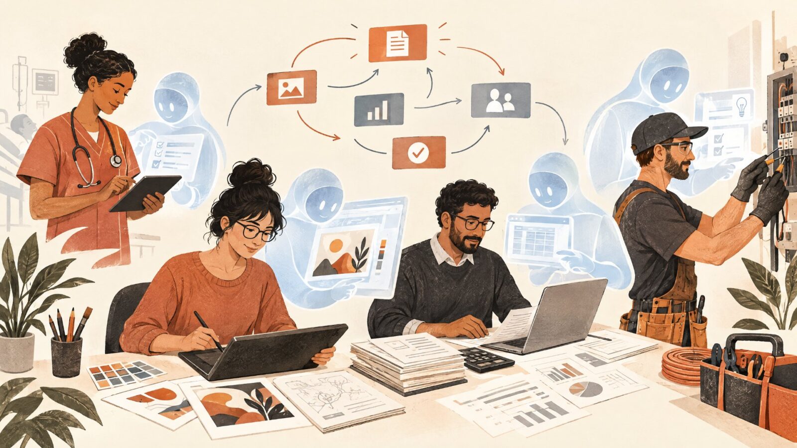 Professionals working alongside translucent AI assistants, illustrating AI and jobs