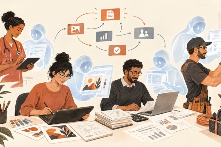 Professionals working alongside translucent AI assistants, illustrating AI and jobs